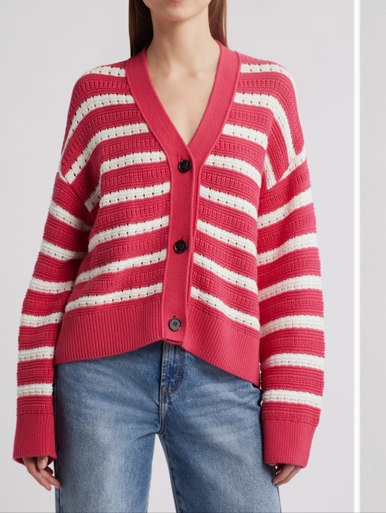 Rails Sweaters - Rails Pink and White‎ Striped Button-Up Cotton Cardigan